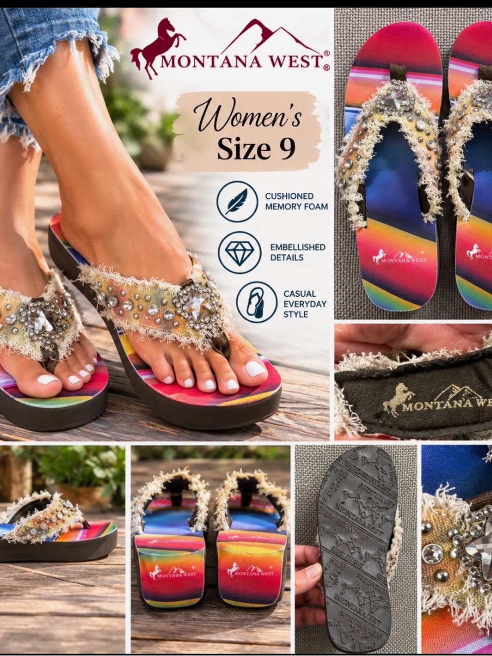 Montana West Rainbow Embellished Memory Foam Flip Flops - Multicolor